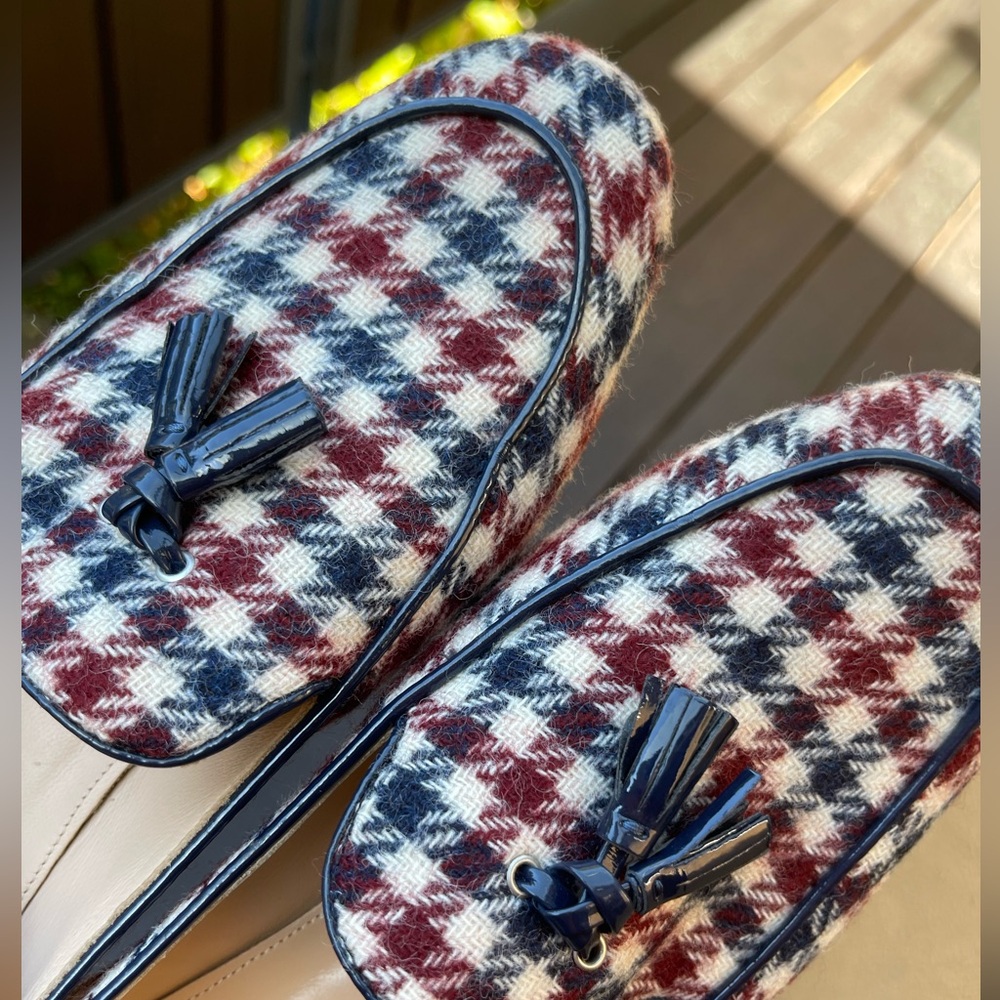 J. CREW Charlie Tassel Loafers Burgandy, White & Navy Blue Tweed Houndstooth 🎉 - Picture 8 of 15